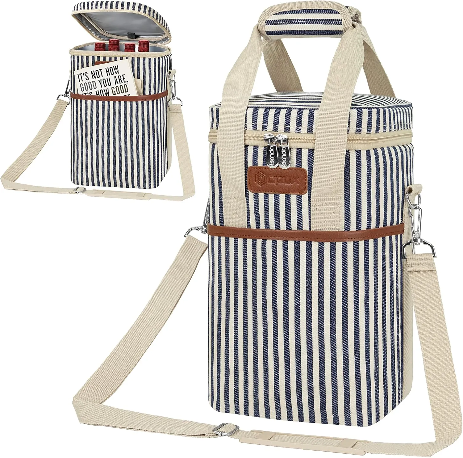 Opux 4 Bottle Insulated Wine Cooler Bag - Portable, Leakproof Padded Carrier for Travel, Picnic, BYOB - Navy White Stripe