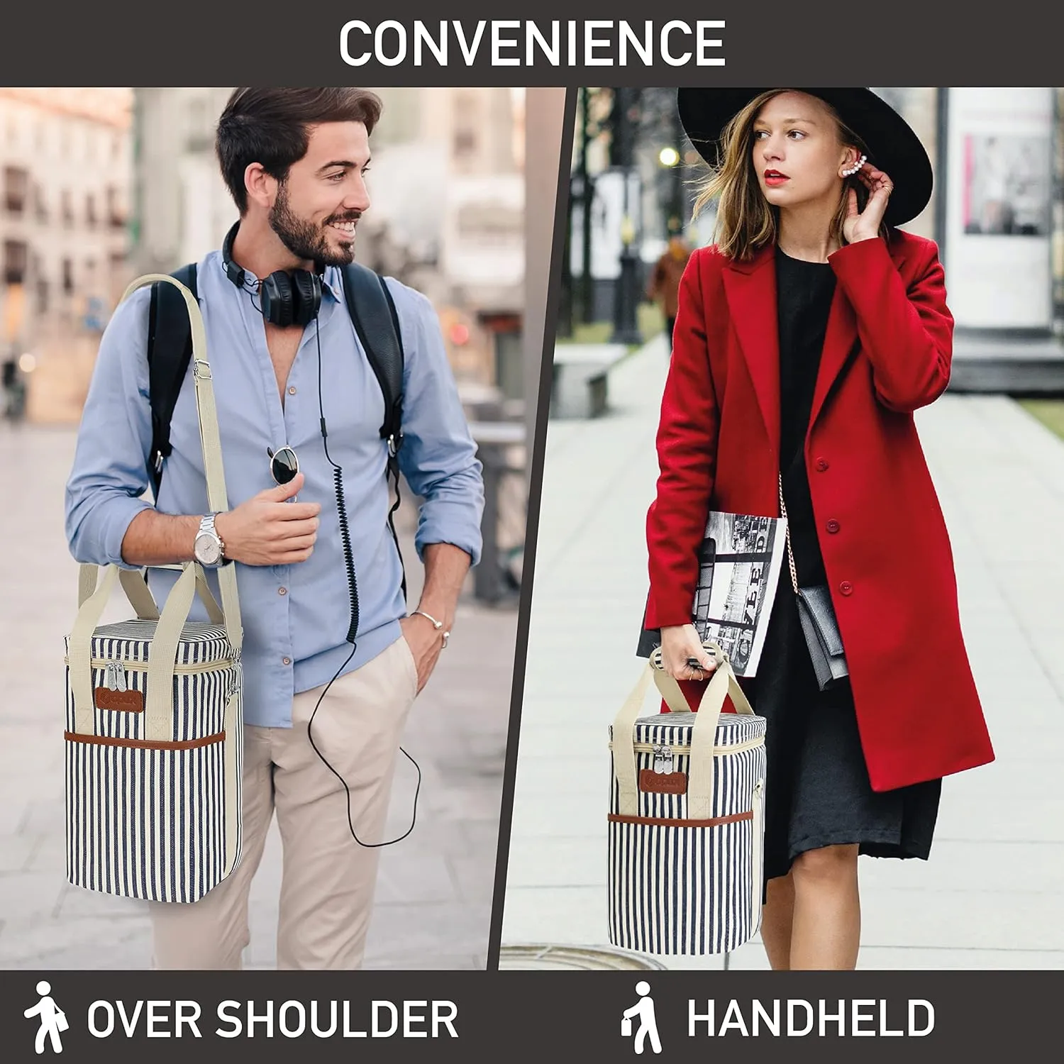Opux 4 Bottle Insulated Wine Cooler Bag - Portable, Leakproof Padded Carrier for Travel, Picnic, BYOB - Navy White Stripe