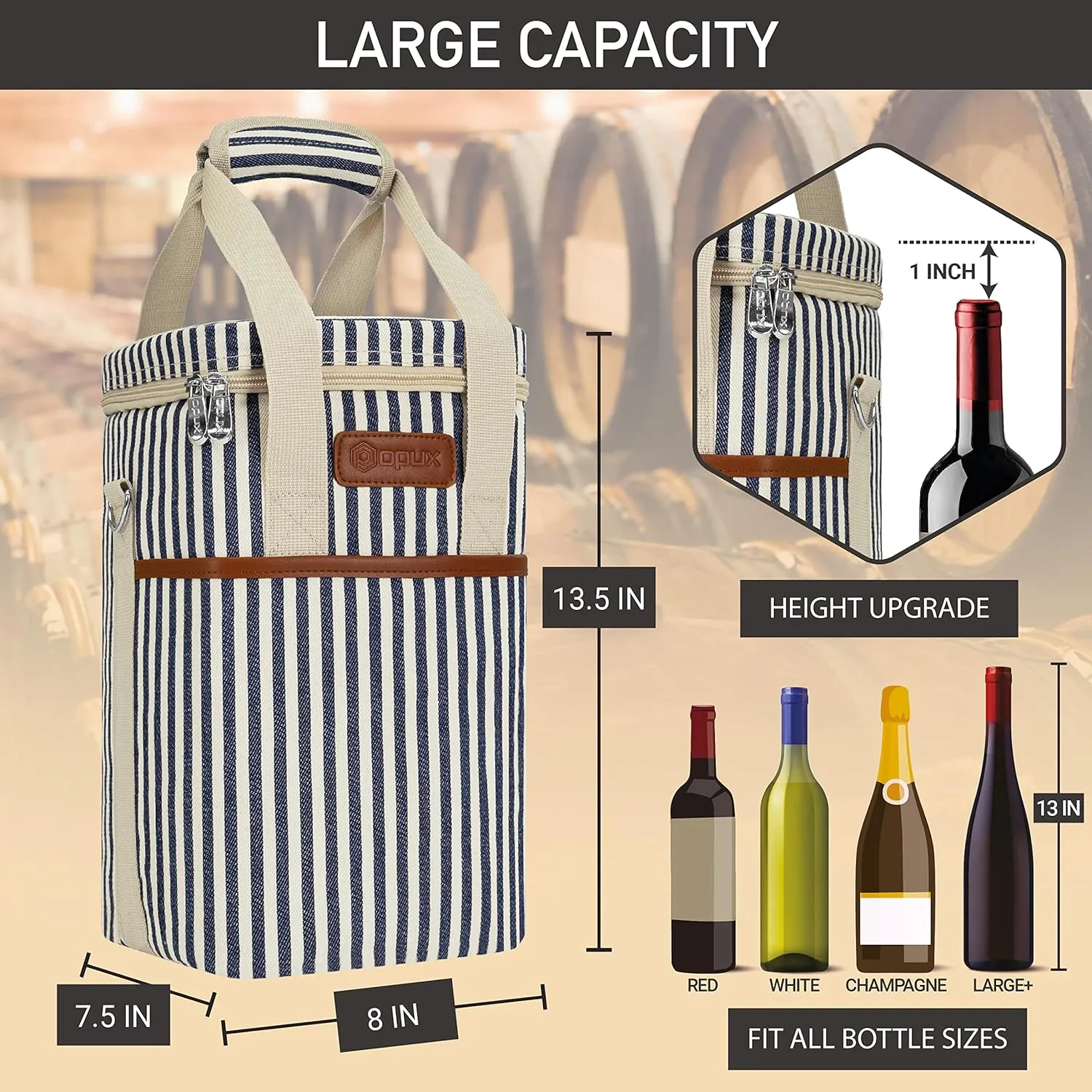 Opux 4 Bottle Insulated Wine Cooler Bag - Portable, Leakproof Padded Carrier for Travel, Picnic, BYOB - Navy White Stripe