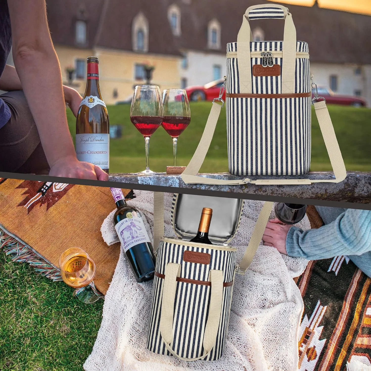Opux 4 Bottle Insulated Wine Cooler Bag - Portable, Leakproof Padded Carrier for Travel, Picnic, BYOB - Navy White Stripe
