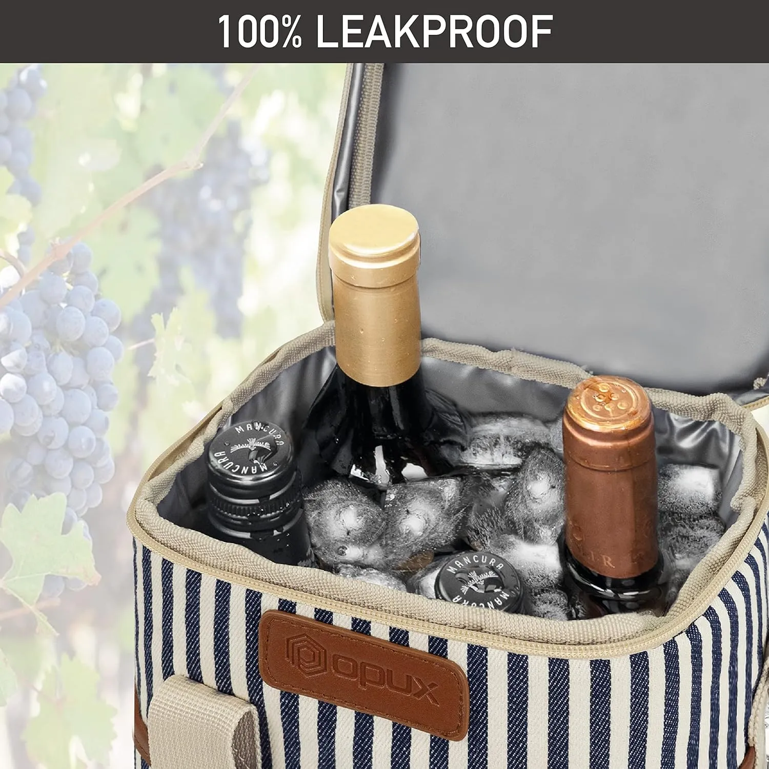Opux 4 Bottle Insulated Wine Cooler Bag - Portable, Leakproof Padded Carrier for Travel, Picnic, BYOB - Navy White Stripe