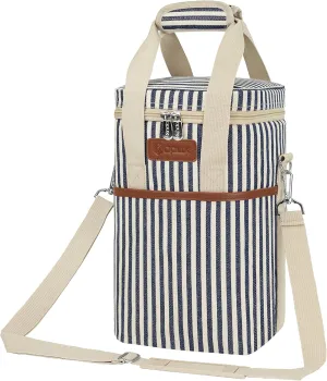 Opux 4 Bottle Insulated Wine Cooler Bag - Portable, Leakproof Padded Carrier for Travel, Picnic, BYOB - Navy White Stripe