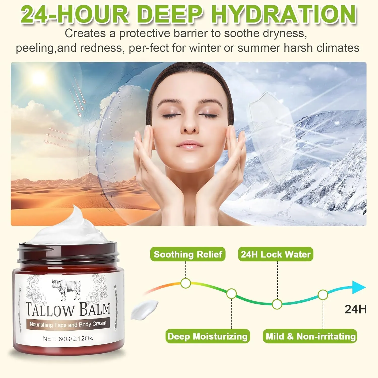 Organic Whipped Beef Tallow for Skin & Face | Tallow & Honey Balm Moisturizer | Selected Honey & Beeswax, Non-Comedogenic & Fragrance-Free for Dry Skin, (White, 2.12 Ounce (Pack of 1))