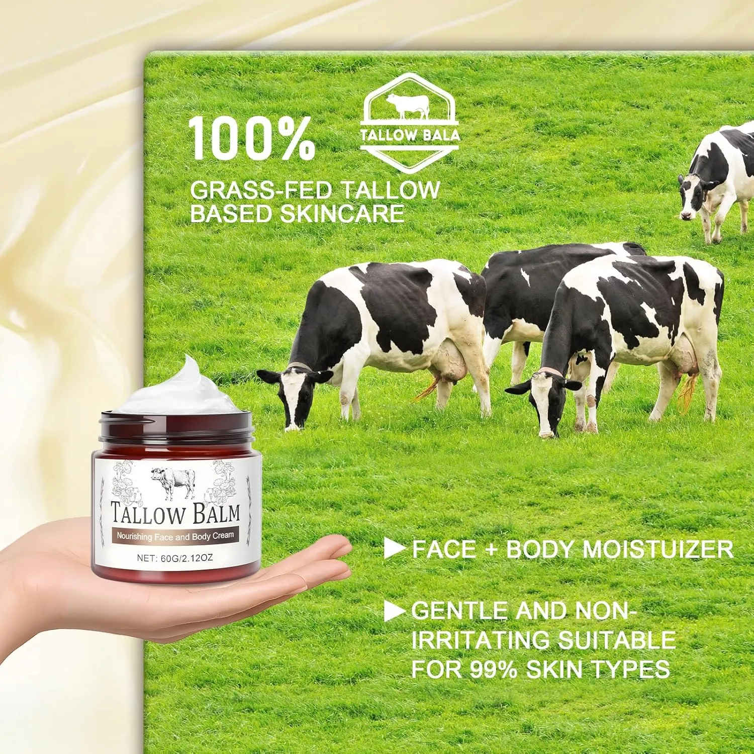 Organic Whipped Beef Tallow for Skin & Face | Tallow & Honey Balm Moisturizer | Selected Honey & Beeswax, Non-Comedogenic & Fragrance-Free for Dry Skin, (White, 2.12 Ounce (Pack of 1))
