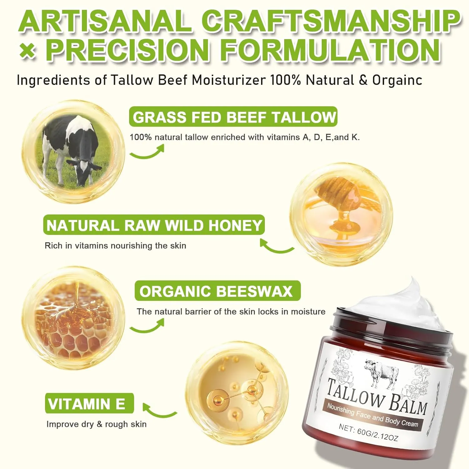 Organic Whipped Beef Tallow for Skin & Face | Tallow & Honey Balm Moisturizer | Selected Honey & Beeswax, Non-Comedogenic & Fragrance-Free for Dry Skin, (White, 2.12 Ounce (Pack of 1))