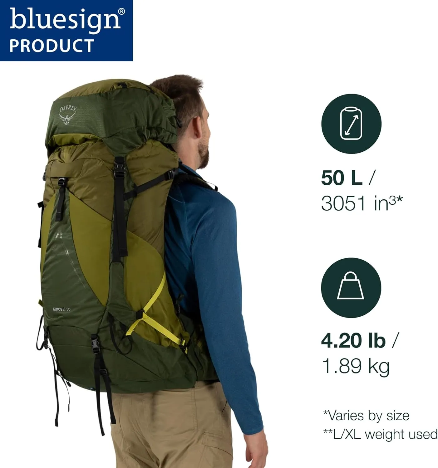 Osprey Atmos AG LT 50L Men's Backpacking Backpack, Black, S/M