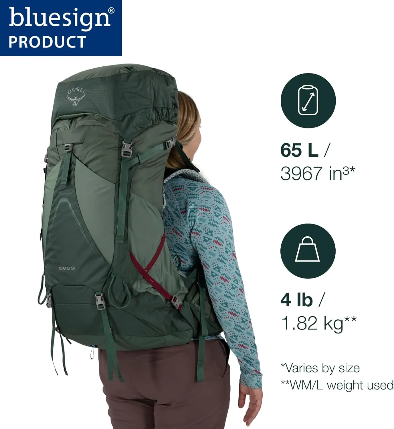 Osprey Aura AG LT 65L Women's Backpacking Backpack, Koseret/Darjeeling Spring Green, WXS/S