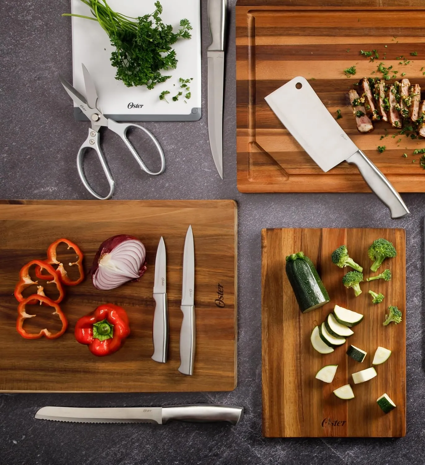 Oster Baldwyn 14 Piece Stainless Steel Cutting Kitchen Knife Cutlery Set with Swivel Block Holder and Knife Sharpener, Brushed Satin