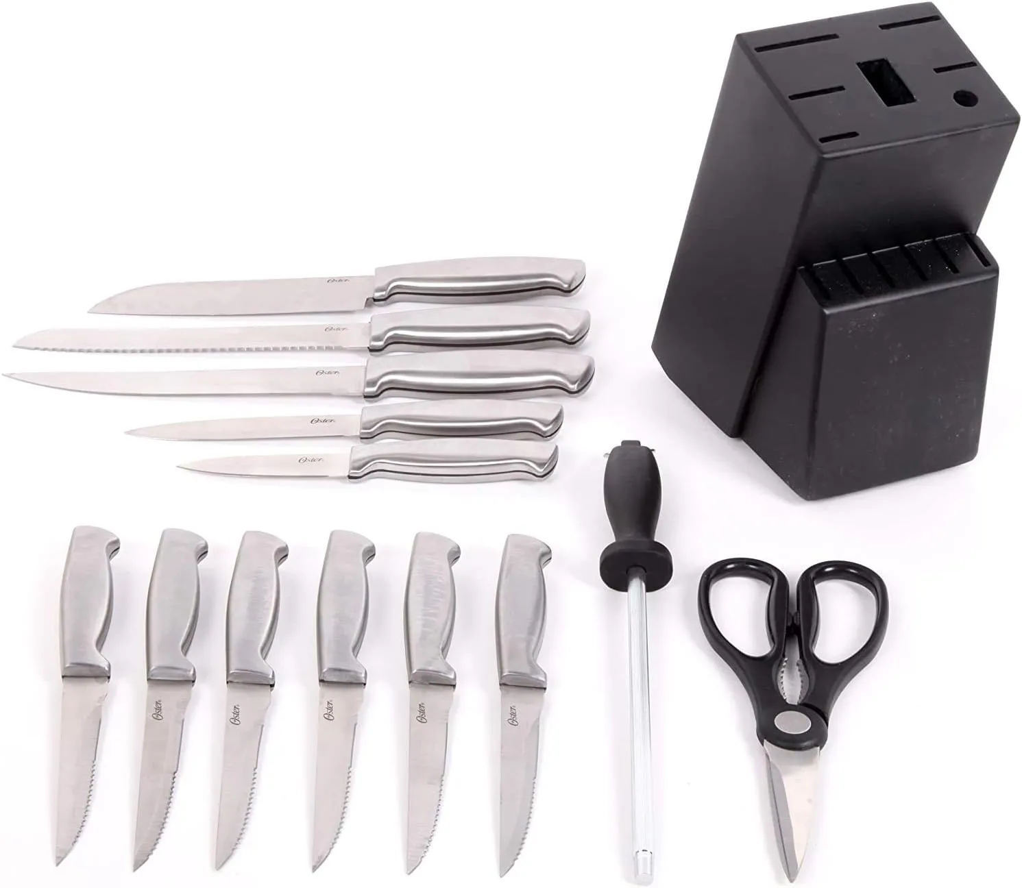 Oster Baldwyn 14 Piece Stainless Steel Cutting Kitchen Knife Cutlery Set with Swivel Block Holder and Knife Sharpener, Brushed Satin