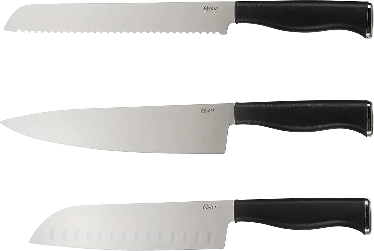 Oster Langmore 15 Piece Stainless Steel Cutlery Knife Block Set W/Black Box – Black Handles