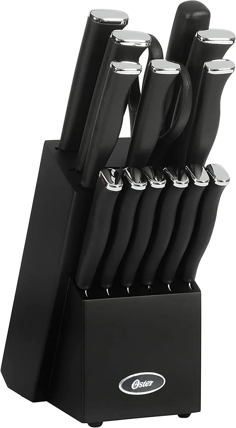 Oster Langmore 15 Piece Stainless Steel Cutlery Knife Block Set W/Black Box – Black Handles
