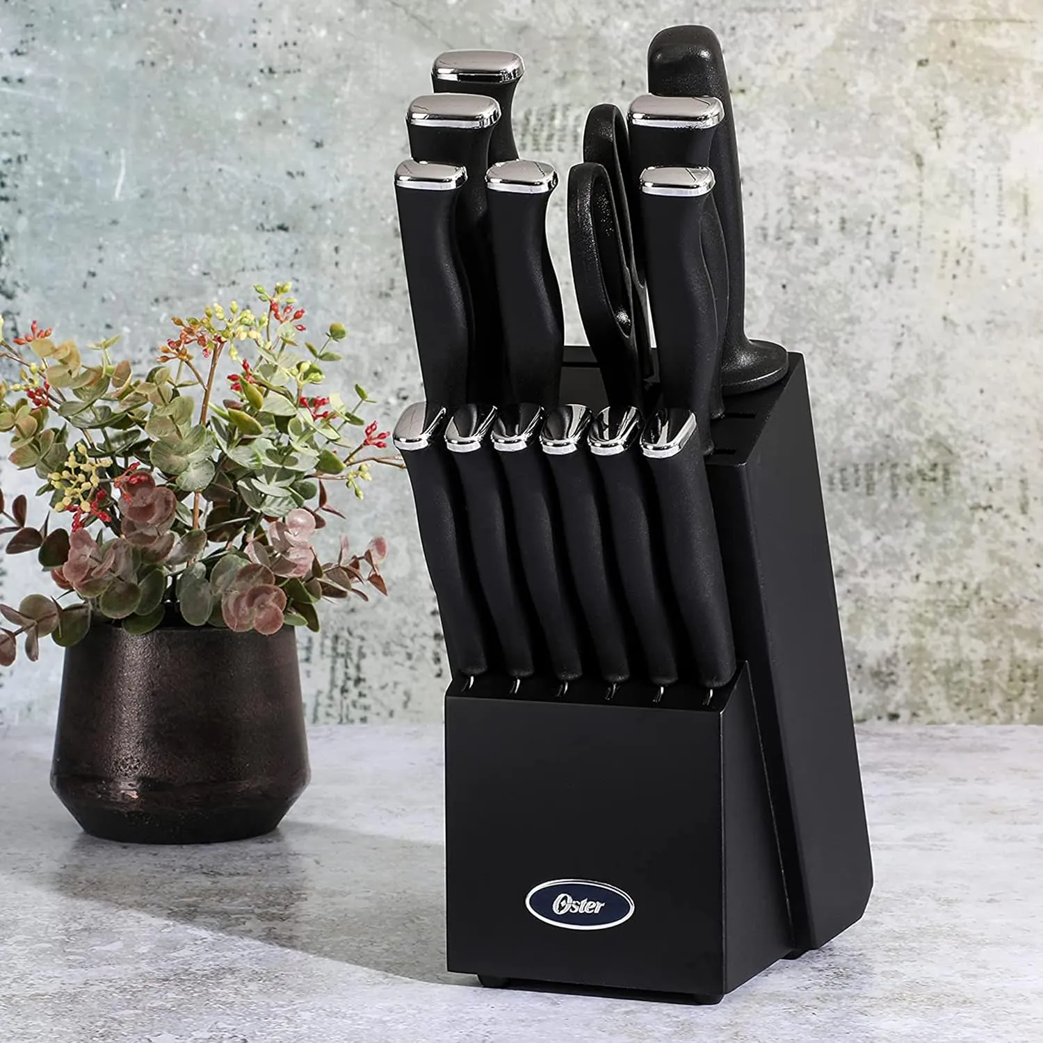 Oster Langmore 15 Piece Stainless Steel Cutlery Knife Block Set W/Black Box – Black Handles