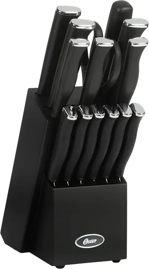 Oster Langmore 15 Piece Stainless Steel Cutlery Knife Block Set W/Black Box – Black Handles