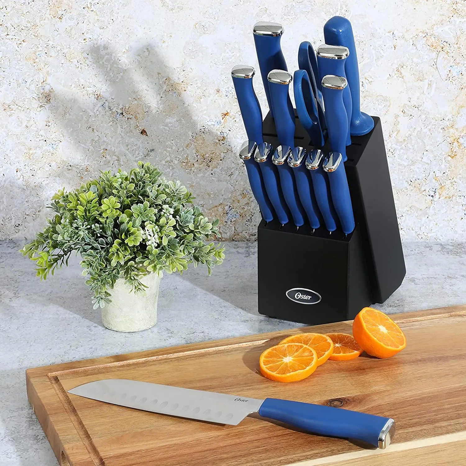 Oster Langmore 15 Piece Stainless Steel Cutlery Knife Block Set W/Black Box – Classic Blue Handles