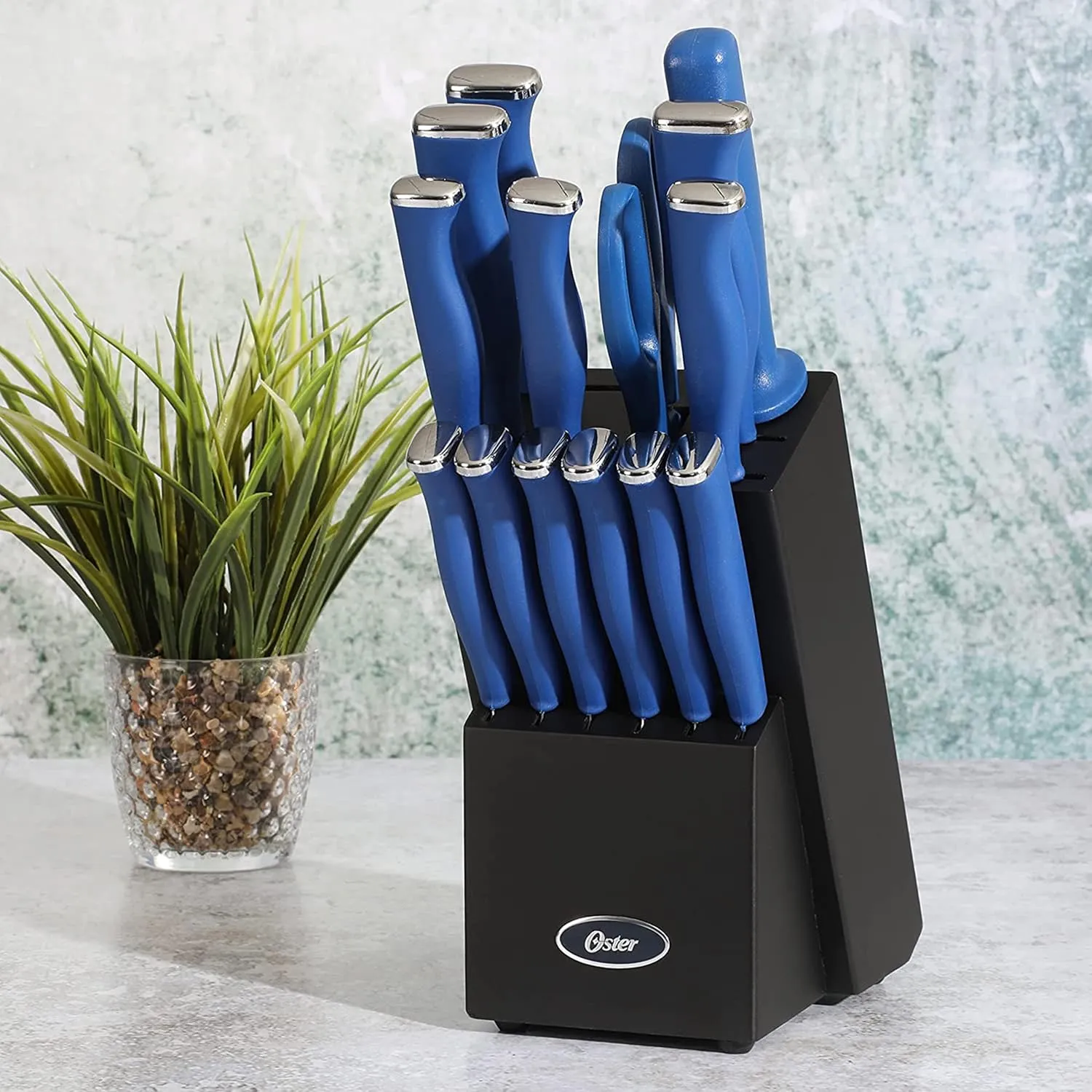 Oster Langmore 15 Piece Stainless Steel Cutlery Knife Block Set W/Black Box – Classic Blue Handles