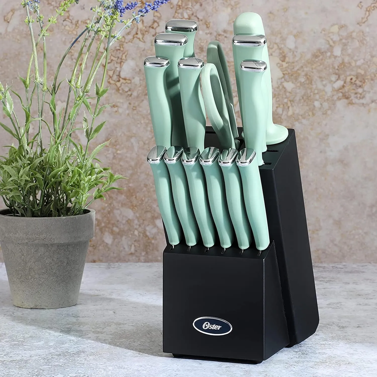 Oster Langmore 15 Piece Stainless Steel Cutlery Knife Block Set W/Black Box – Moss Blue