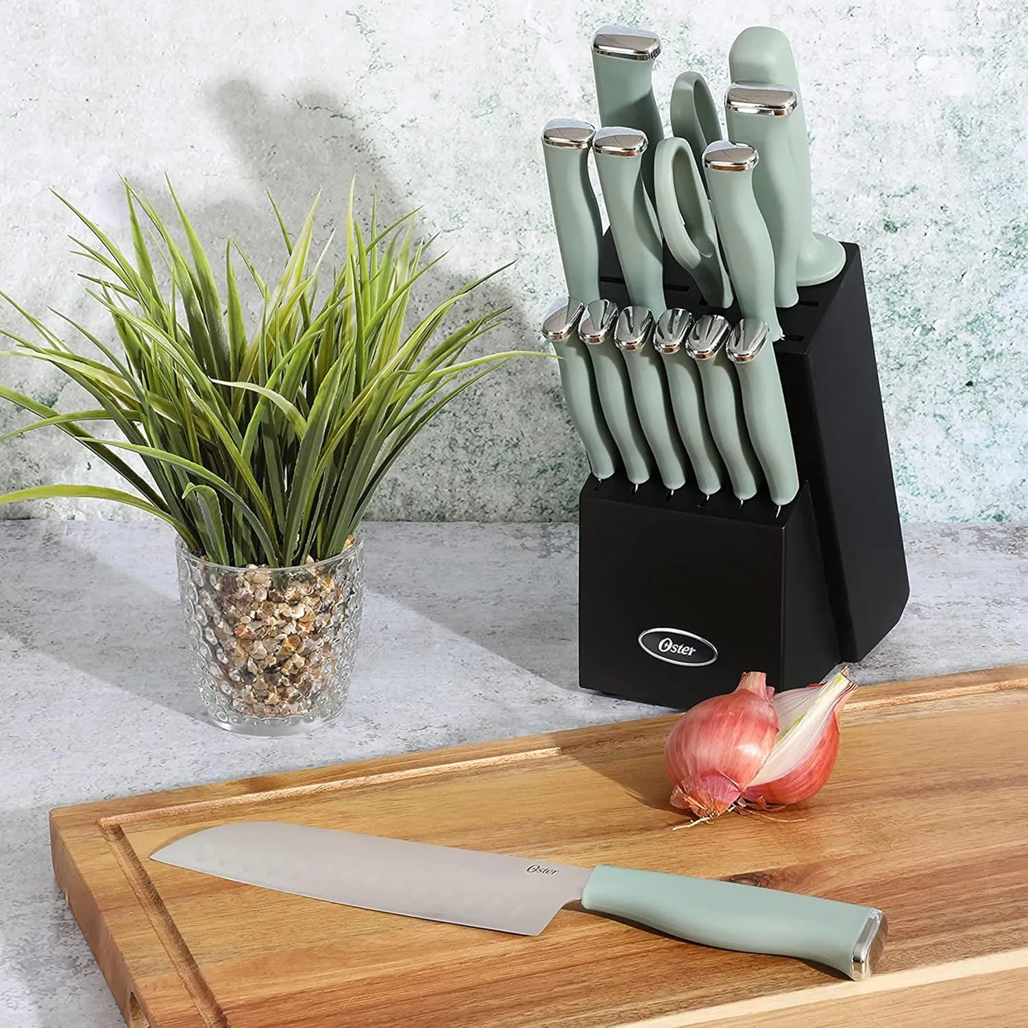 Oster Langmore 15 Piece Stainless Steel Cutlery Knife Block Set W/Black Box – Moss Blue