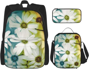 OUSIKA 3 Pcs Daisy Flowers in Different Featured Framed Print Backpack Sets Casual Daypack with Lunch Box Pencil Case for Women Men, Black, One Size