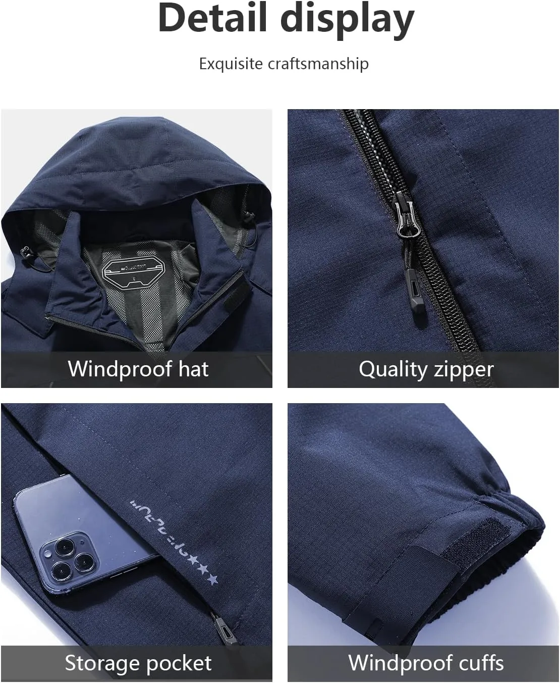 Outdoor Men's Waterproof Raincoat Windbreaker Lightweight Rain Jacket with Detachable Hood