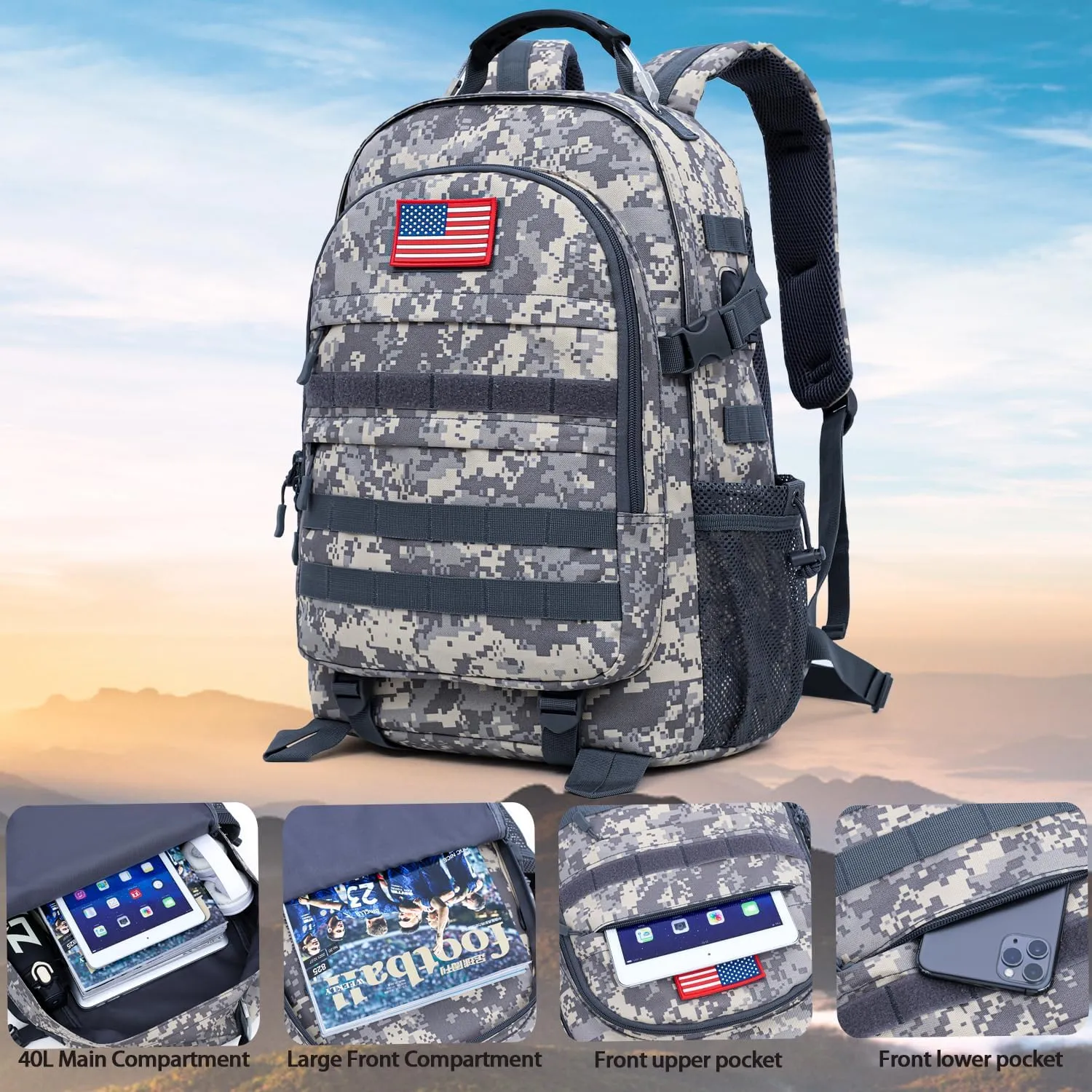 outdoor plus Camo Backpack for Boys,Military Teen Backpack with USB Port, Army Bookbag for School