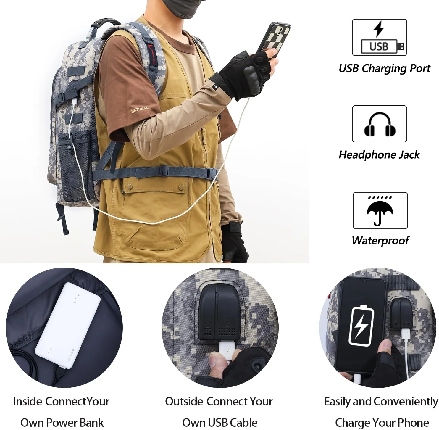 outdoor plus Camo Backpack for Boys,Military Teen Backpack with USB Port, Army Bookbag for School