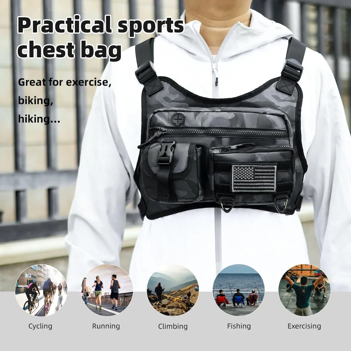 Outdoor Sports Chest Bag for Men and Women, Tactical Vest For Running, Hiking, Cycling, EDC Travel Chest Pack Rig, Water Resistant Lightweight Front Running Vest Bag With Extra Storage