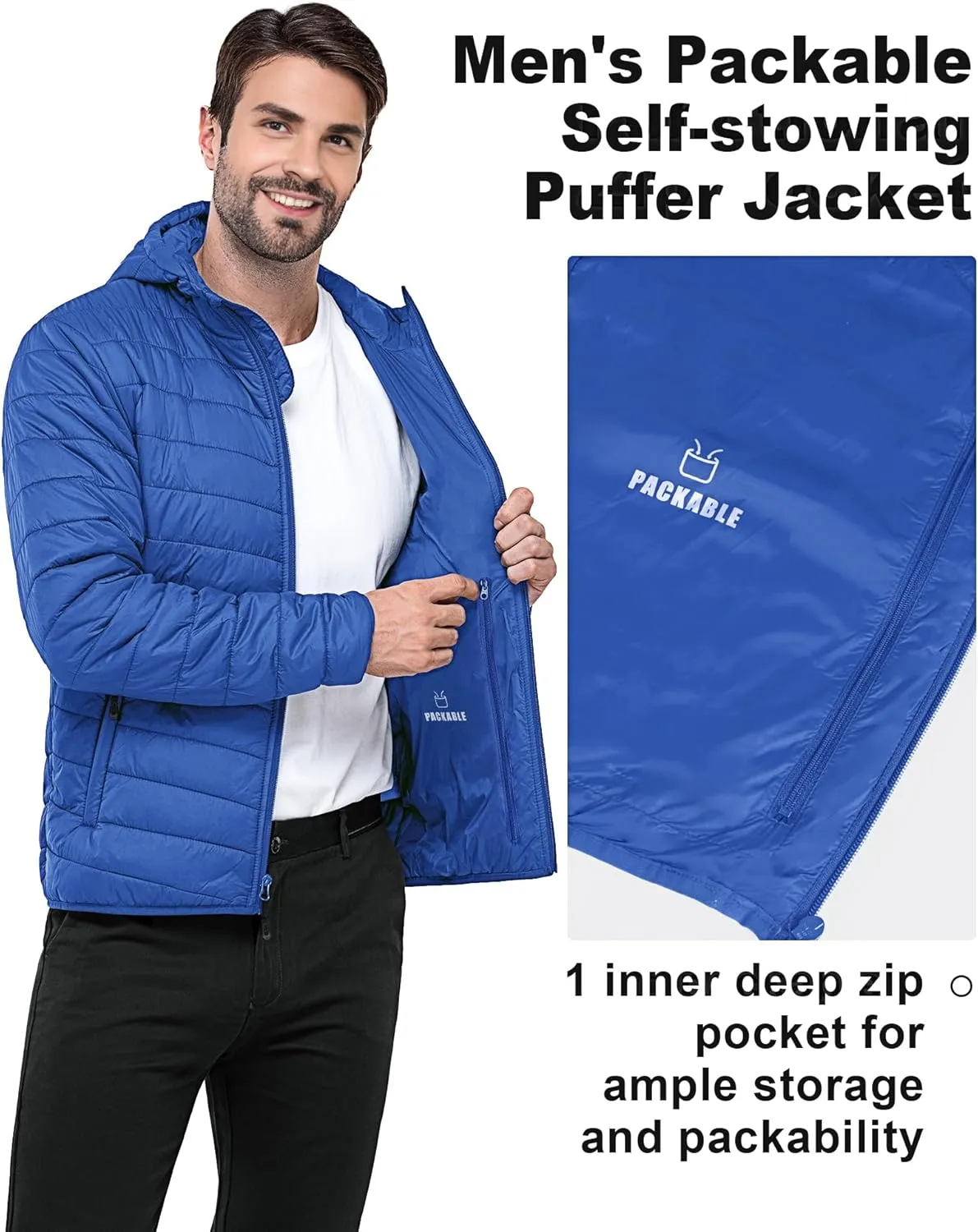 Outdoor Ventures Men's Lightweight Packable Hooded Puffer Jacket Insulated Winter Coat for Snow Ski Traveling