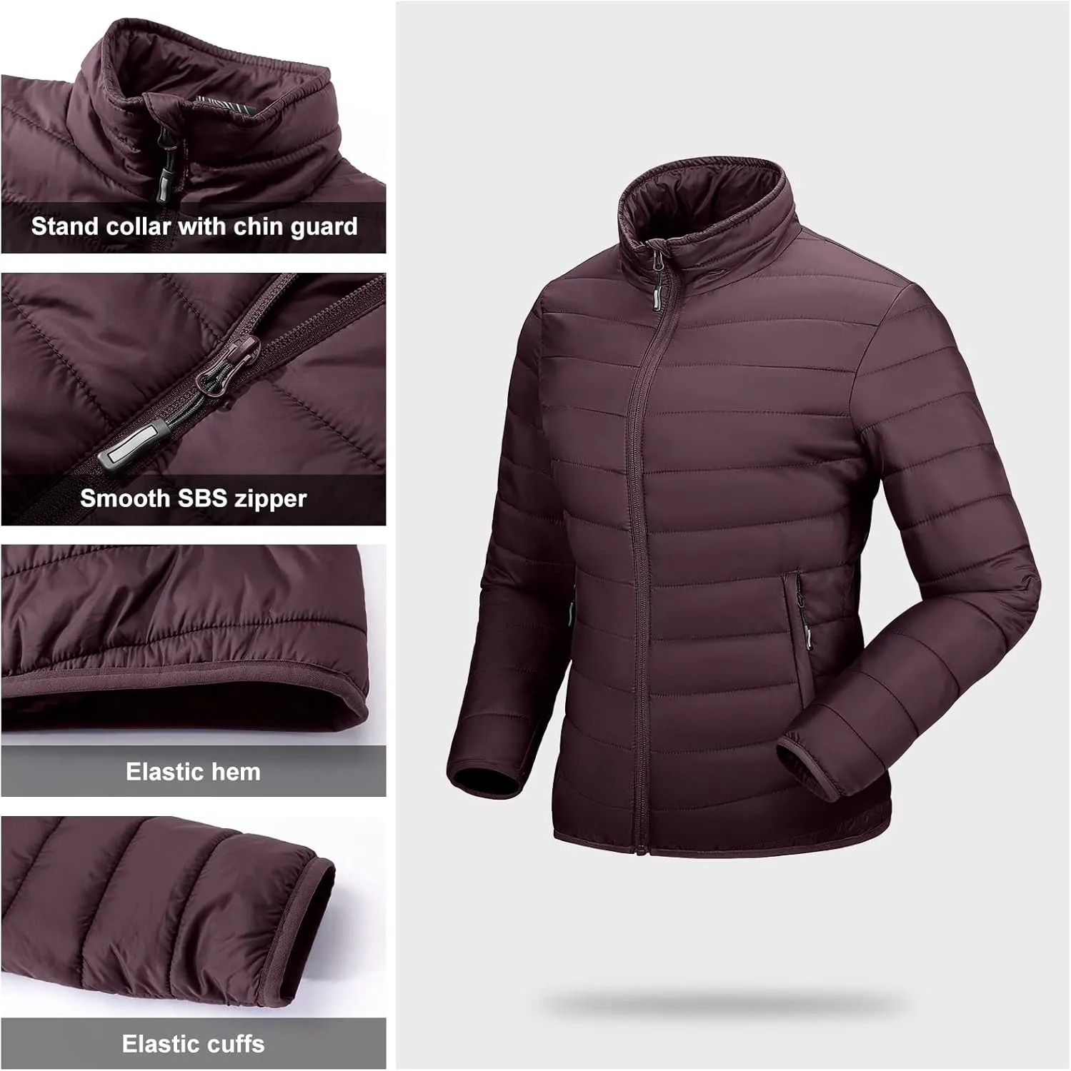 Outdoor Ventures Women's Packable Full-Zip Short Puffer Jacket Insulated Quilted Warm Lightweight Winter Coat