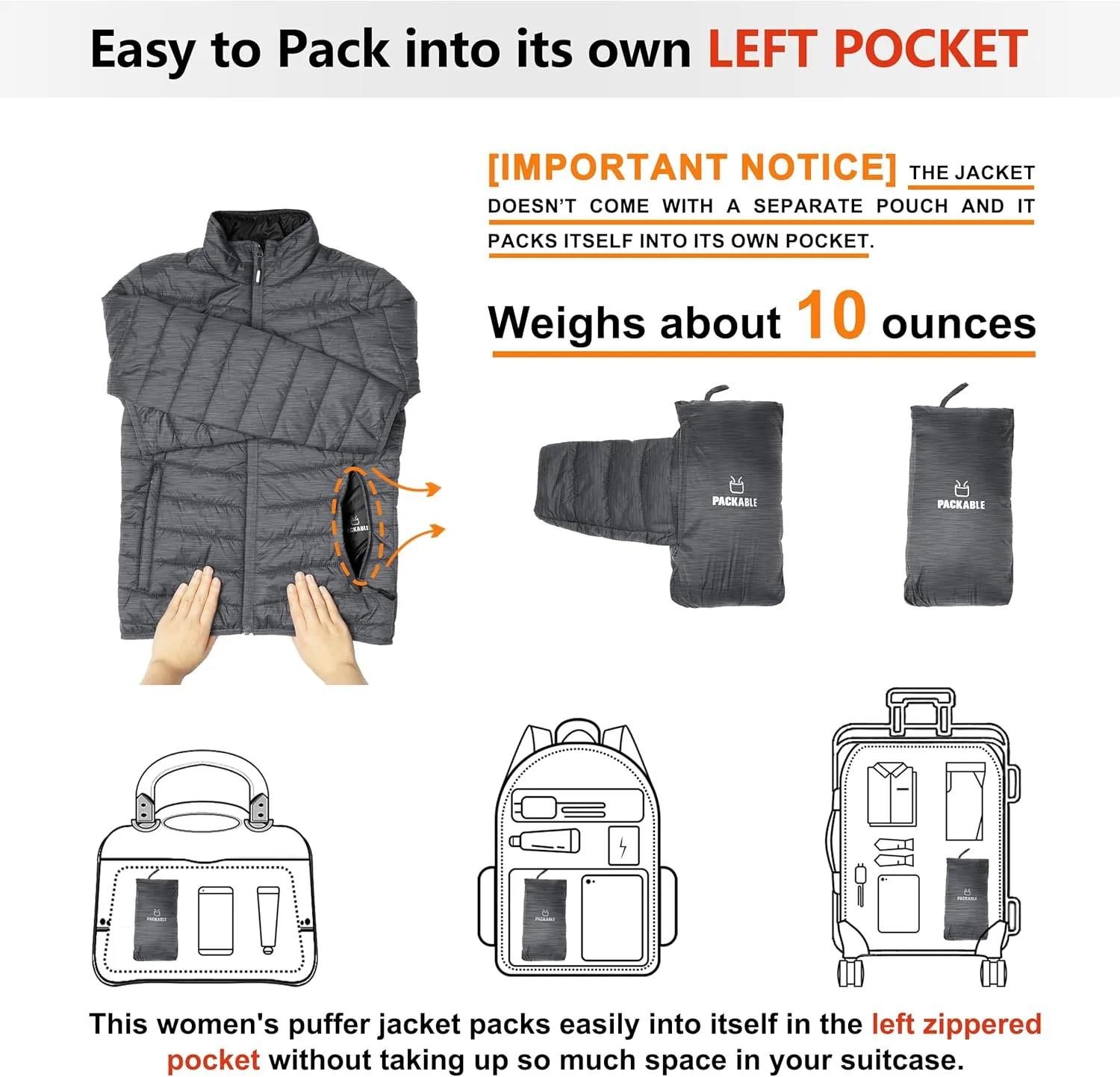 Outdoor Ventures Women's Packable Full-Zip Short Puffer Jacket Insulated Quilted Warm Lightweight Winter Coat