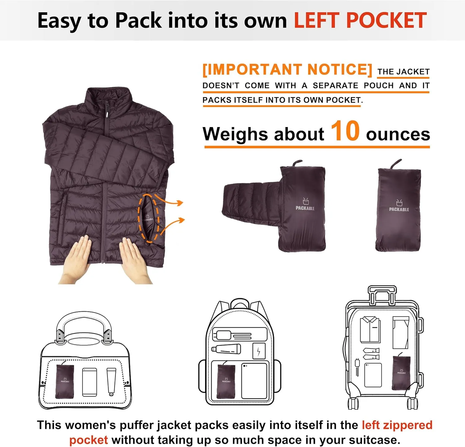 Outdoor Ventures Women's Packable Full-Zip Short Puffer Jacket Insulated Quilted Warm Lightweight Winter Coat