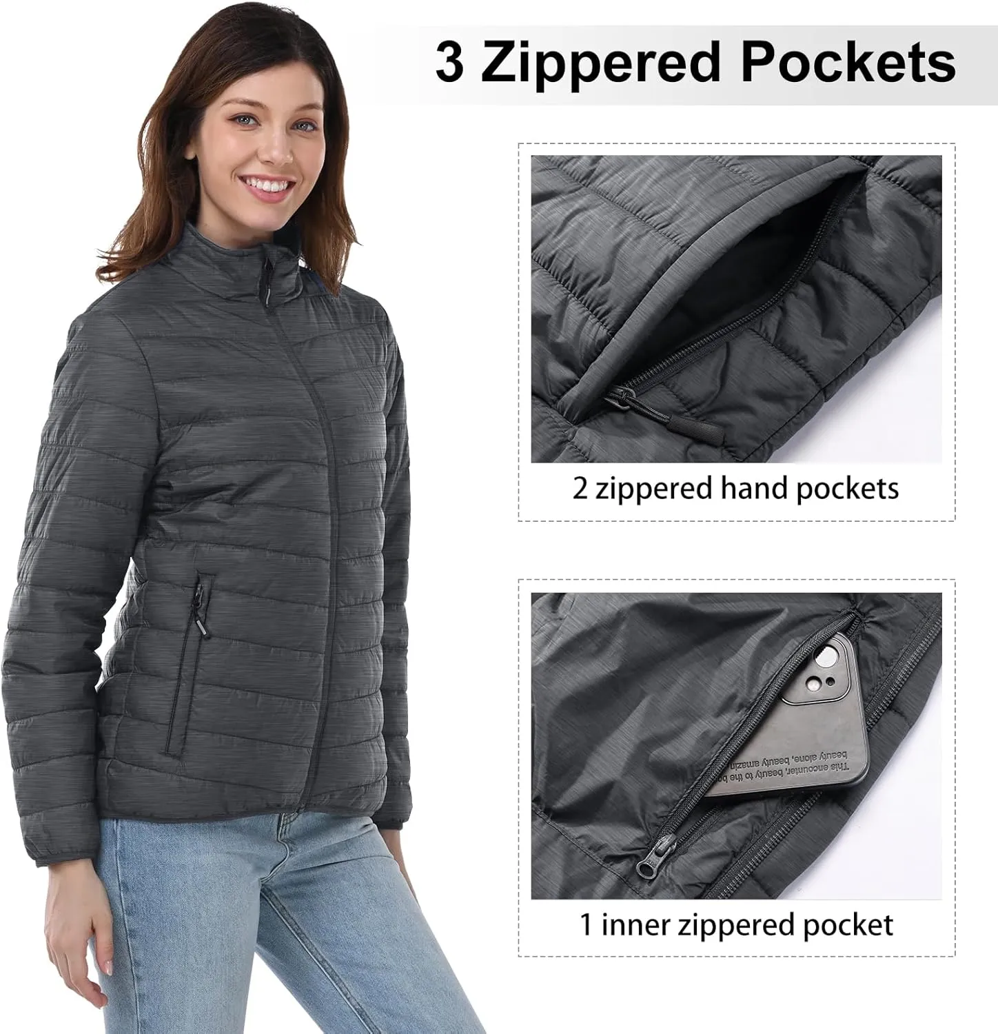 Outdoor Ventures Women's Packable Full-Zip Short Puffer Jacket Insulated Quilted Warm Lightweight Winter Coat