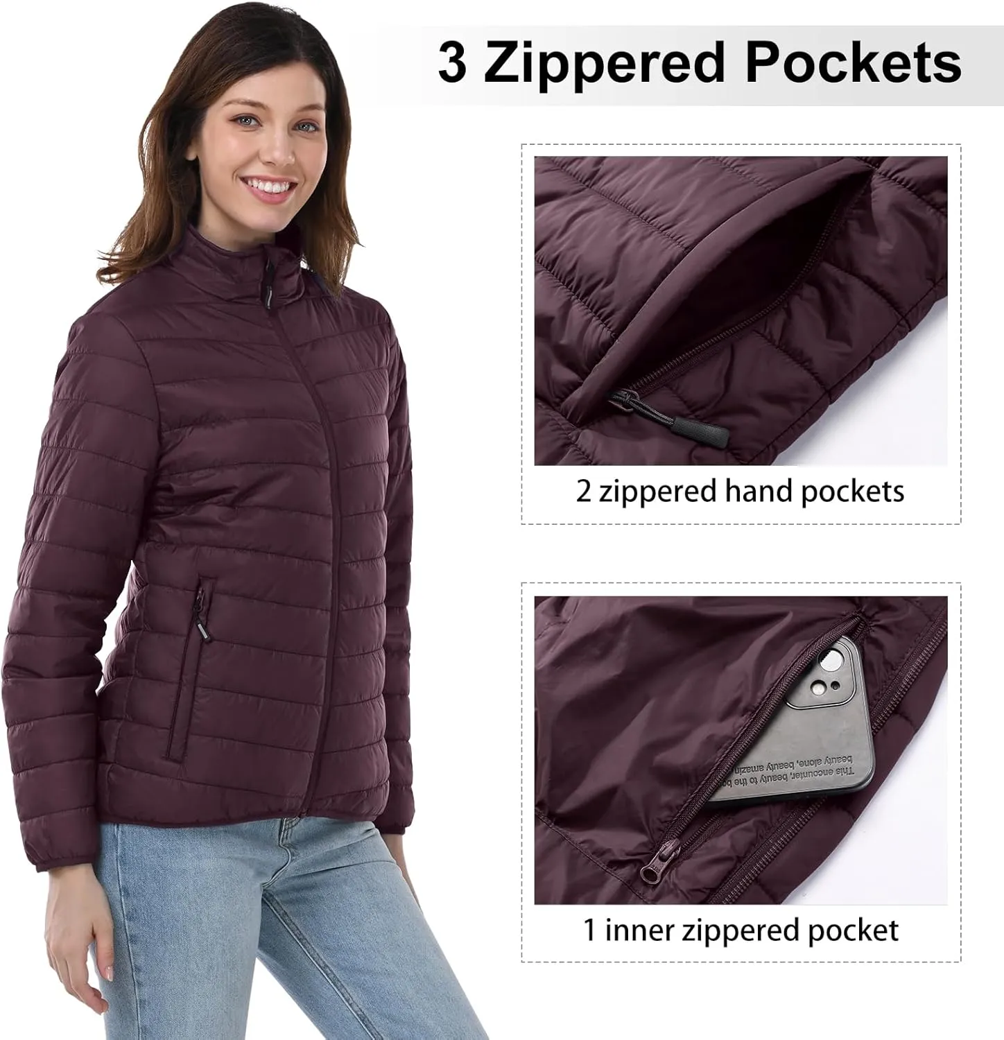 Outdoor Ventures Women's Packable Full-Zip Short Puffer Jacket Insulated Quilted Warm Lightweight Winter Coat
