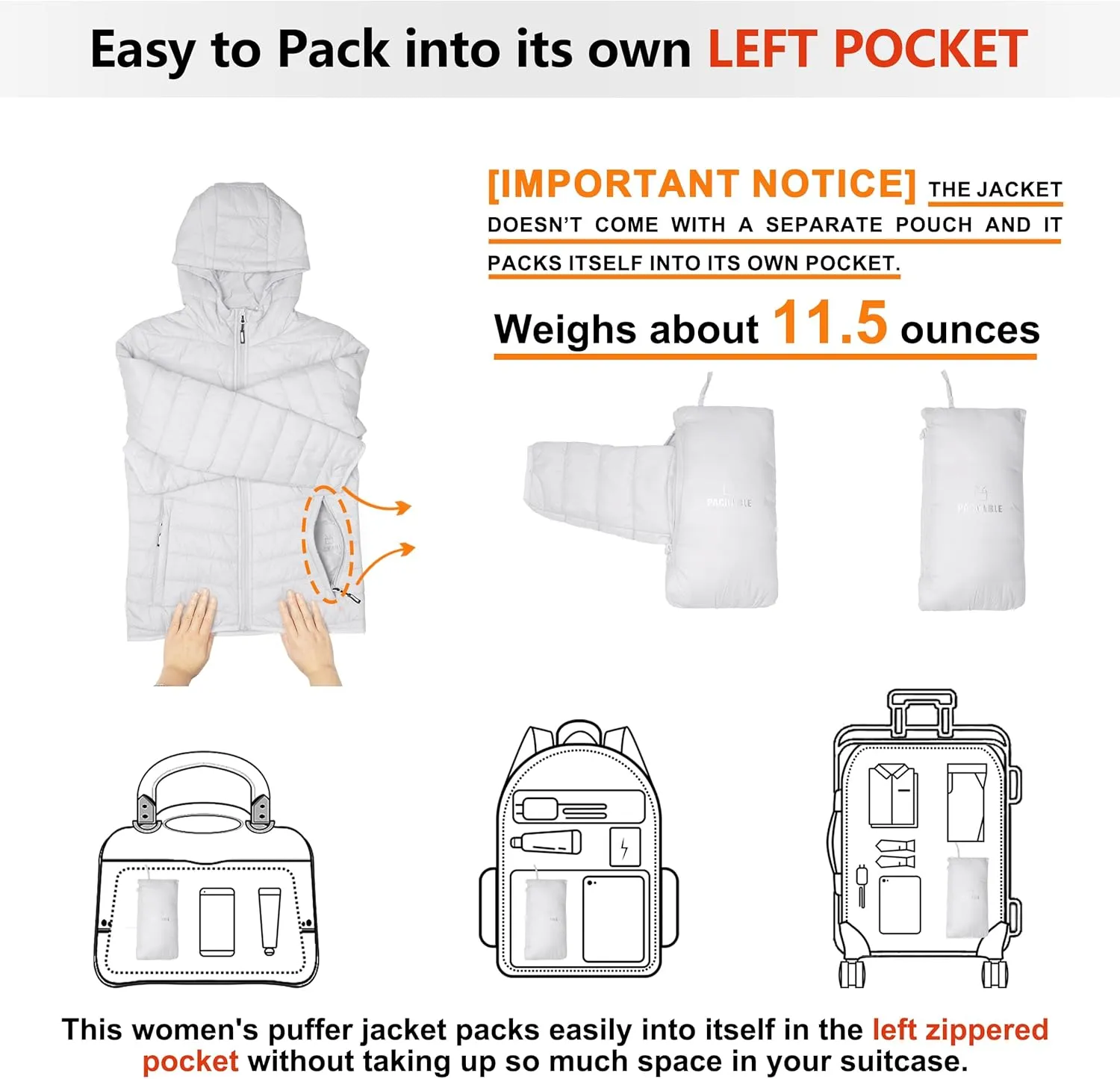 Outdoor Ventures Women's Packable Lightweight Full-Zip Puffer Jacket with Hood Quilted Winter Coat