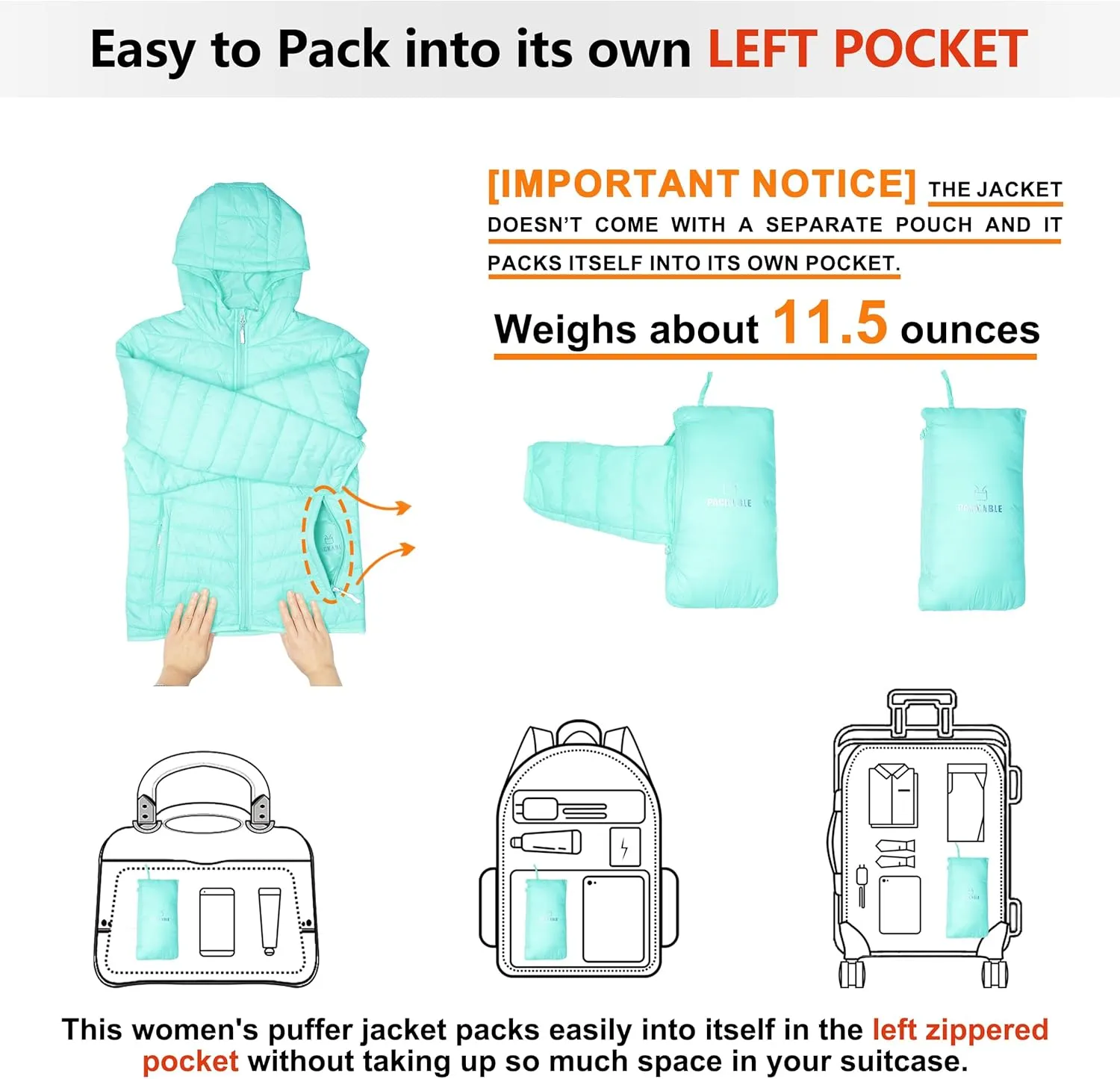Outdoor Ventures Women's Packable Lightweight Full-Zip Puffer Jacket with Hood Quilted Winter Coat
