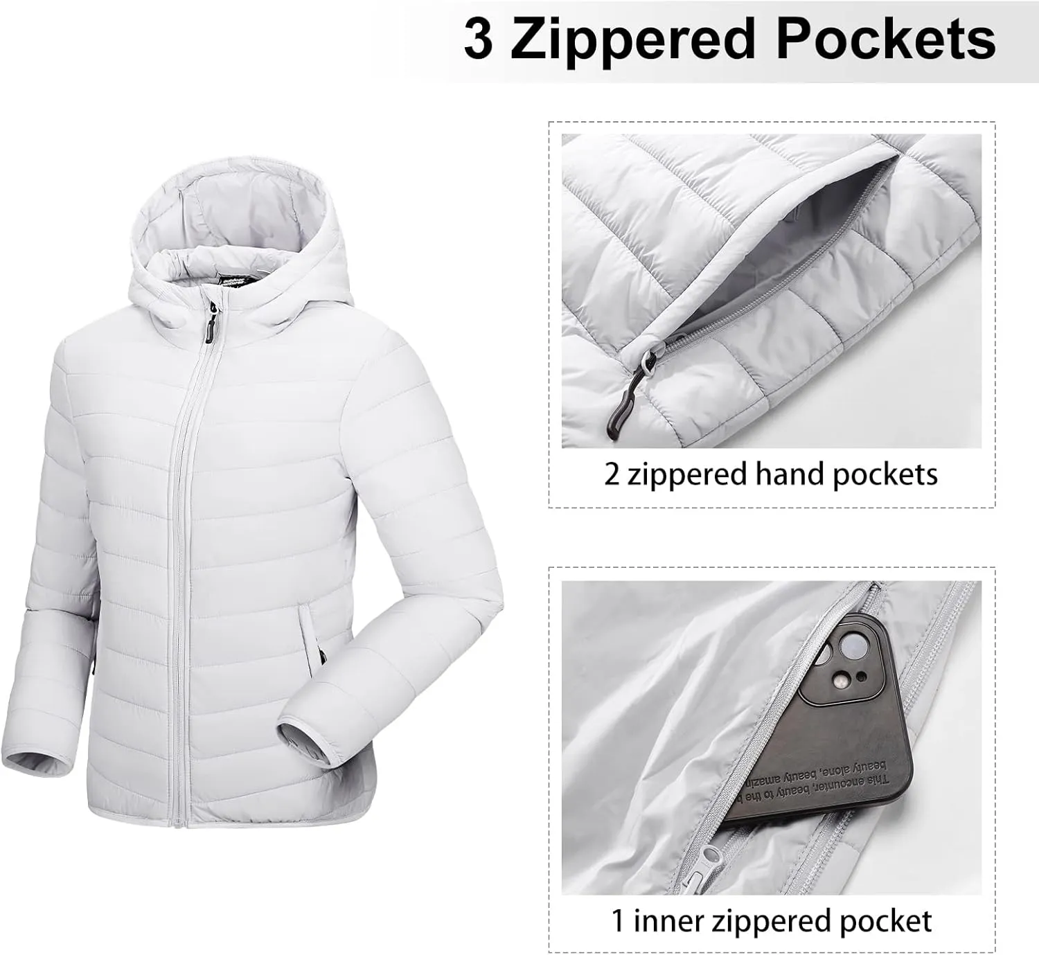Outdoor Ventures Women's Packable Lightweight Full-Zip Puffer Jacket with Hood Quilted Winter Coat