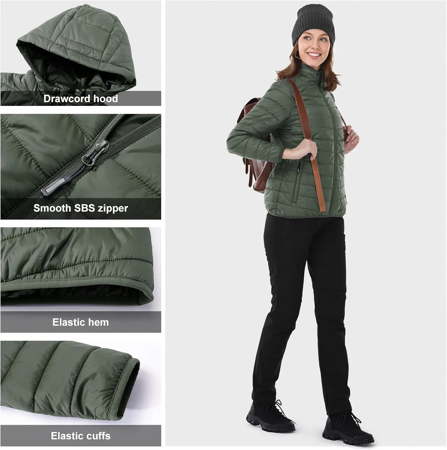 Outdoor Ventures Women's Packable Lightweight Full-Zip Puffer Jacket with Hood Quilted Winter Coat