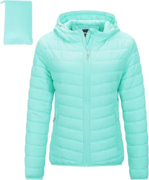 Outdoor Ventures Women's Packable Lightweight Full-Zip Puffer Jacket with Hood Quilted Winter Coat
