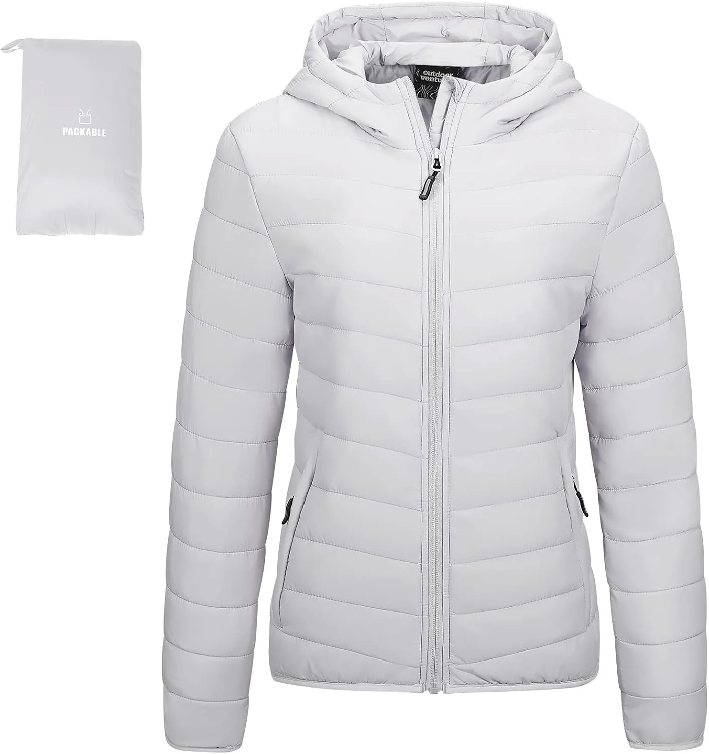Outdoor Ventures Women's Packable Lightweight Full-Zip Puffer Jacket with Hood Quilted Winter Coat