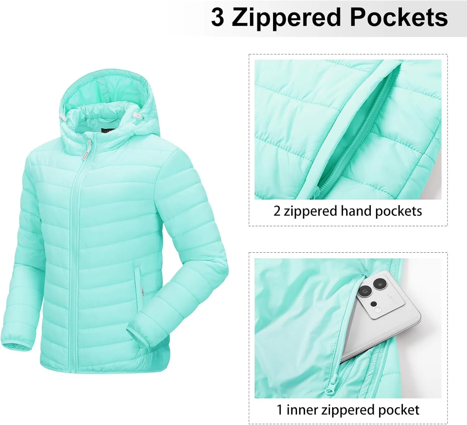 Outdoor Ventures Women's Packable Lightweight Full-Zip Puffer Jacket with Hood Quilted Winter Coat