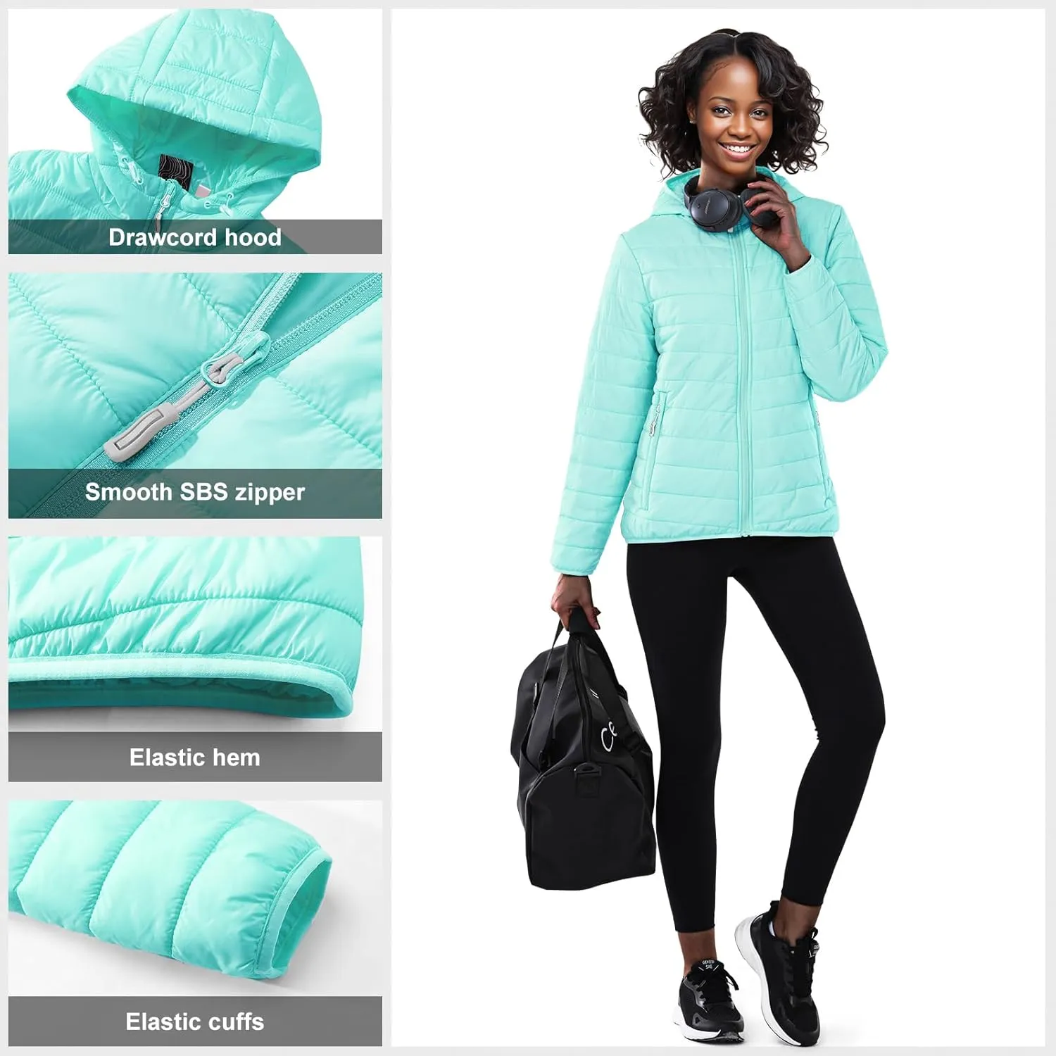 Outdoor Ventures Women's Packable Lightweight Full-Zip Puffer Jacket with Hood Quilted Winter Coat