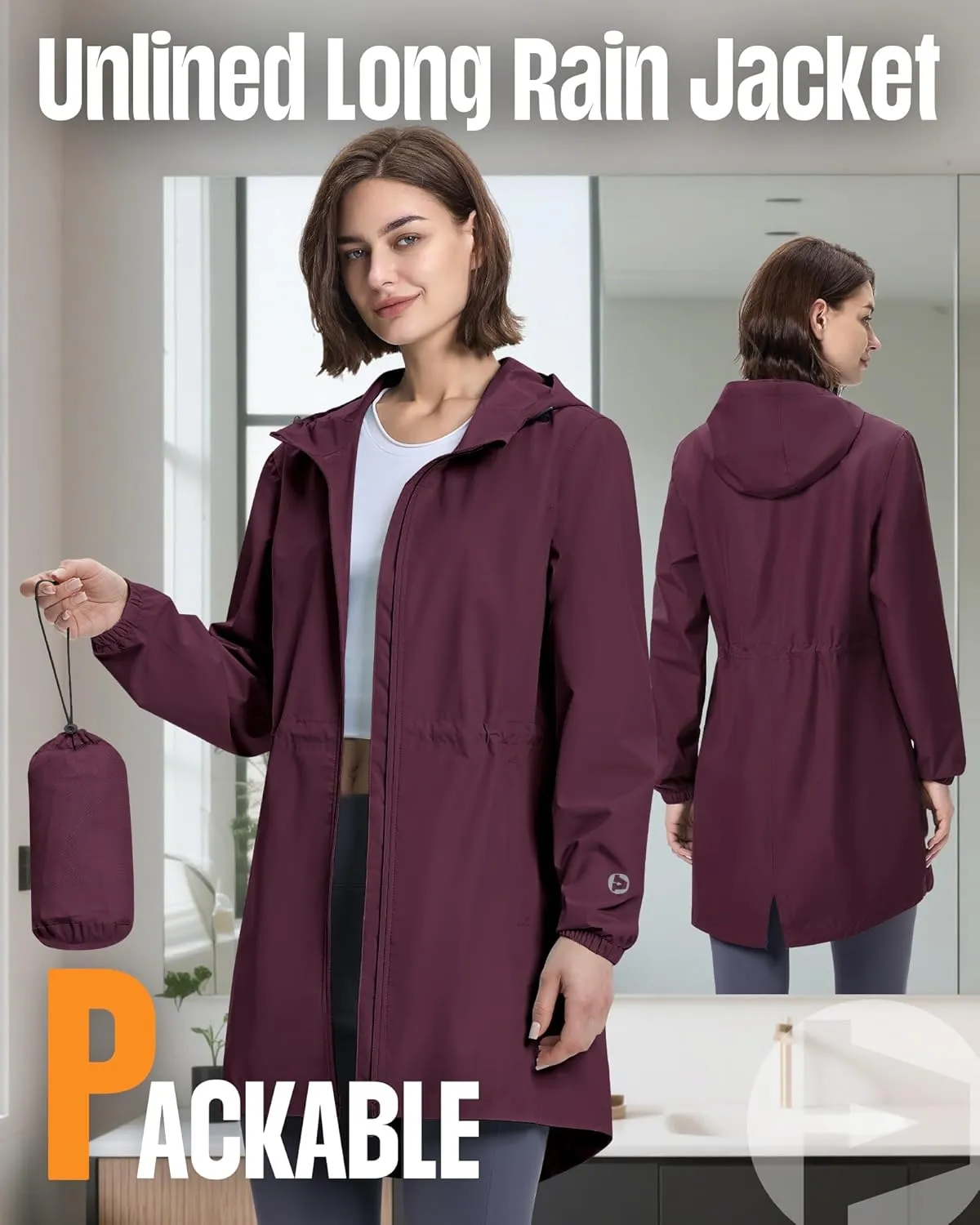 Outdoor Ventures Women's Waterproof Long Rain Coats Packable Lightweight Rain Jacket With Hood Windproof Trench Coats