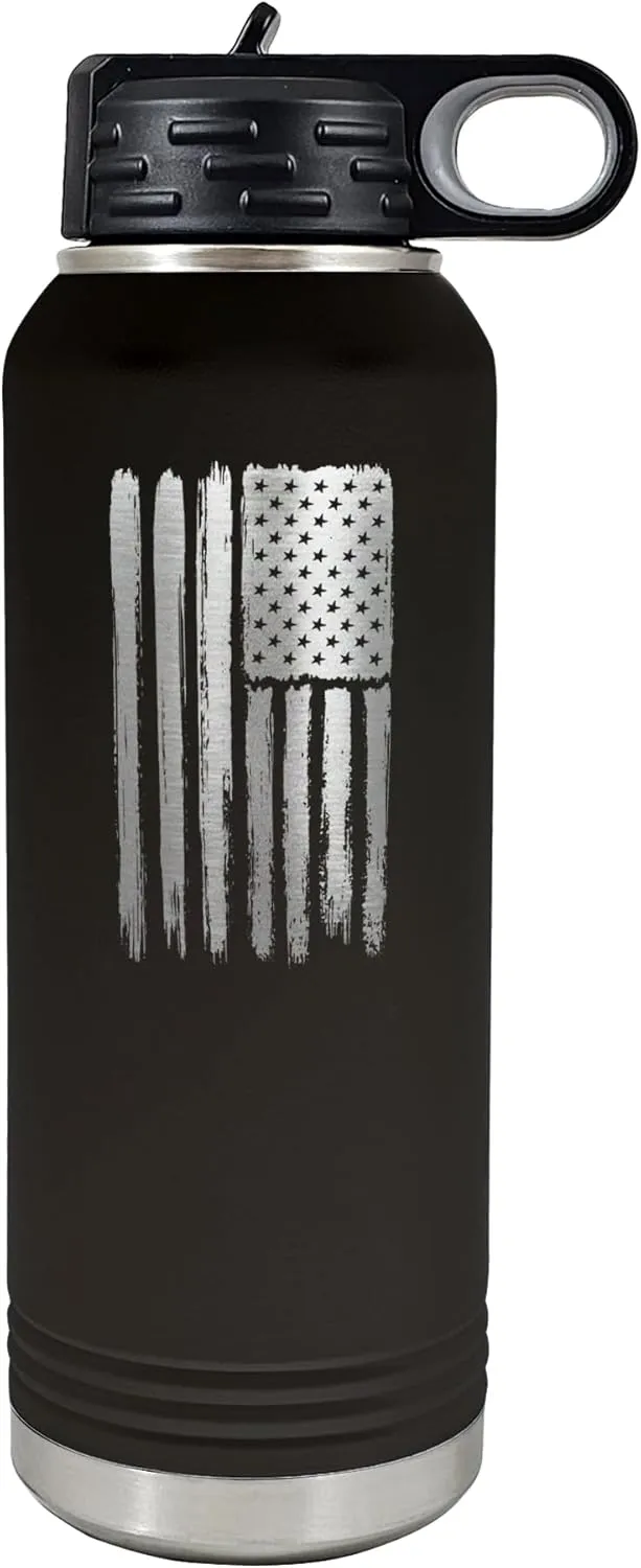 Palm City Products 32 oz Black Distressed USA Flag Bottle - Insulated Double-Wall Patriotic Stainless Steel Tumbler with Flip-Top Lid - Durable Outdoor Adventure Hydration Gear