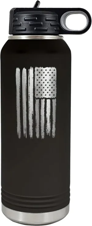 Palm City Products 32 oz Black Distressed USA Flag Bottle - Insulated Double-Wall Patriotic Stainless Steel Tumbler with Flip-Top Lid - Durable Outdoor Adventure Hydration Gear