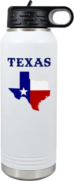 Palm City Products Texas Pride 32 oz Vacuum-Sealed Water Bottle – Double-Wall Texas-Themed Drinkware with Flip-Top Lid – Red White Blue Texas Map Design for Texas Hiking Gear, Camping, or Daily Use