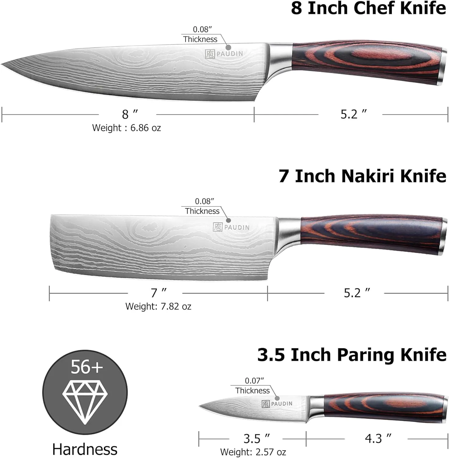 PAUDIN Kitchen Knife Set, 3 Piece High Carbon Stainless Steel Professional Chef Knife Set with Ultra Sharp Blade & Wooden Handle (Kitchen Knife Set 3 Pcs)