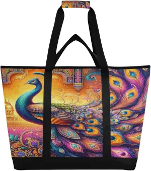 Peacock Hindu Elegance Reusable Insulated Lunchbox Cooler Bag, Leakproof Kitchen Grocery Bag Collapsible Portable Cooler Tote Bag for Picnic, Camping, Office, Travel