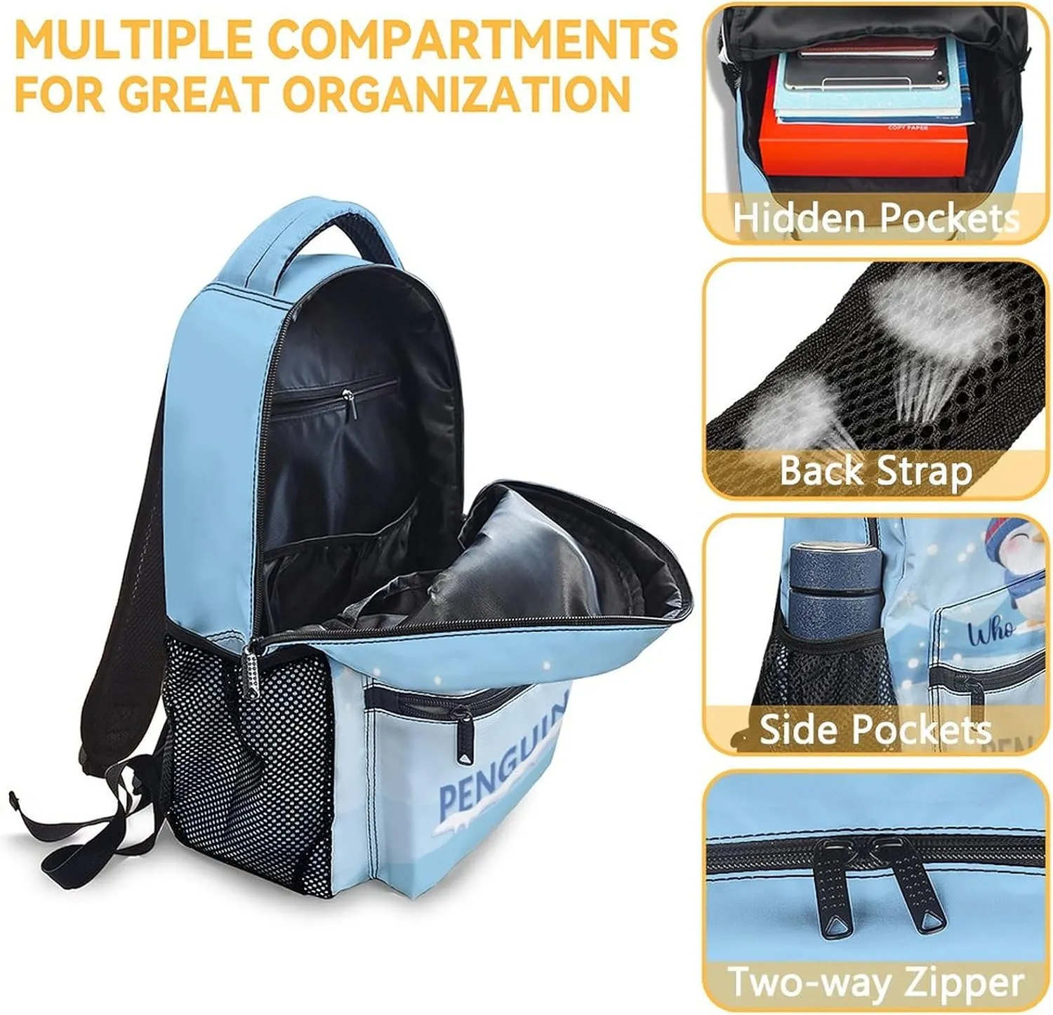 Penguin Backpack with Lunch Box Set for Girls Boys, 3 in 1 Primary Middle School Backpacks Matching Combo, Large Capacity, Durable, Lightweight, Blue Bookbag and Pencil Case Bundle