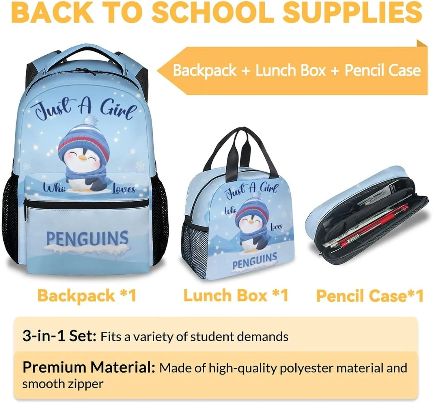 Penguin Backpack with Lunch Box Set for Girls Boys, 3 in 1 Primary Middle School Backpacks Matching Combo, Large Capacity, Durable, Lightweight, Blue Bookbag and Pencil Case Bundle