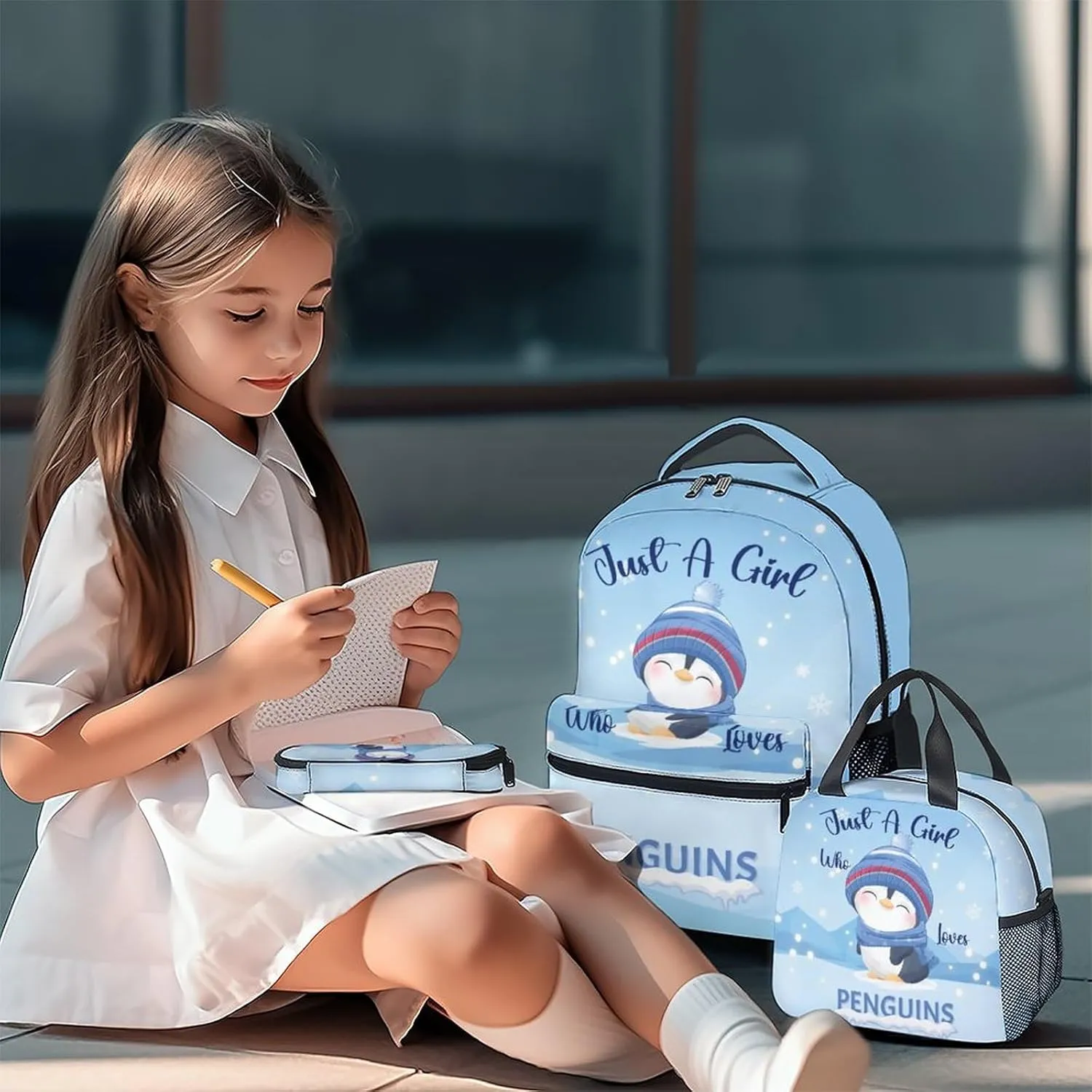 Penguin Backpack with Lunch Box Set for Girls Boys, 3 in 1 Primary Middle School Backpacks Matching Combo, Large Capacity, Durable, Lightweight, Blue Bookbag and Pencil Case Bundle