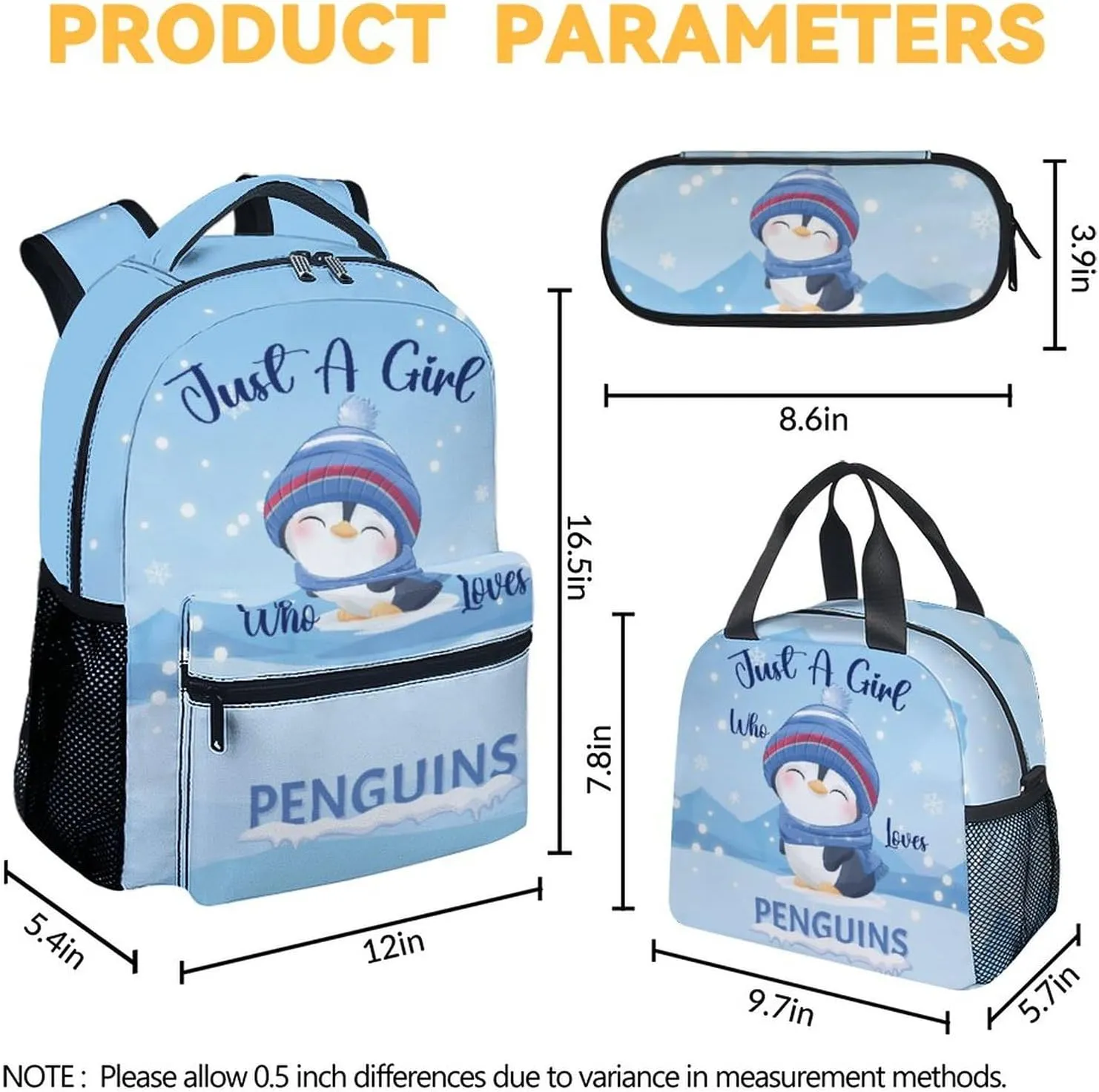 Penguin Backpack with Lunch Box Set for Girls Boys, 3 in 1 Primary Middle School Backpacks Matching Combo, Large Capacity, Durable, Lightweight, Blue Bookbag and Pencil Case Bundle